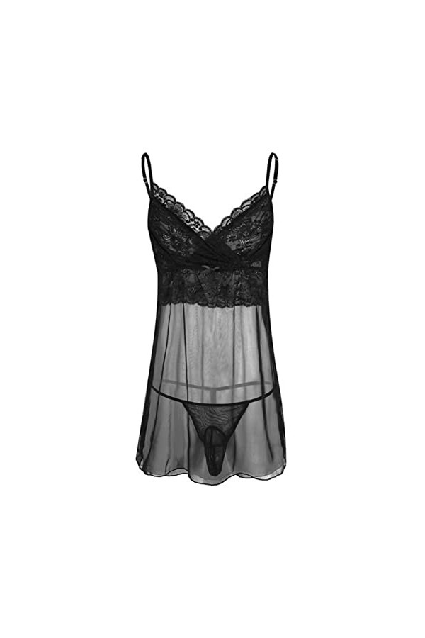 Sexy Hommes Lingerie Maille Transparente Dentelle Florale Sissy Poche Crossdress Culotte G-String vêtements de Nuit Ensemble 