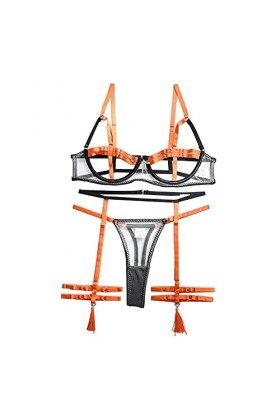 Ceinture deux couleurs porte-jarretelles sexy couture 3 pièces pour femme, Orange, L