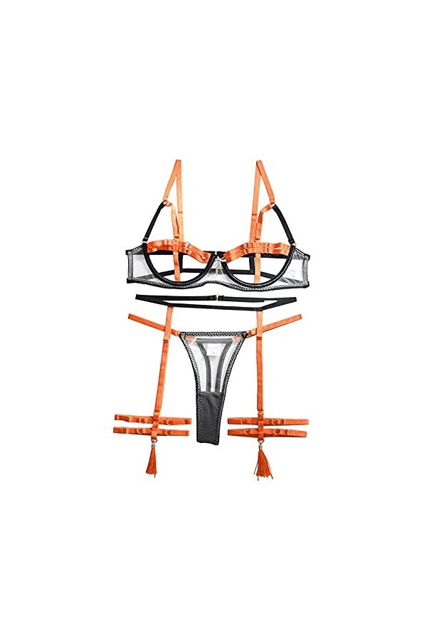 Ceinture deux couleurs porte-jarretelles sexy couture 3 pièces pour femme, Orange, L