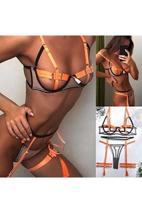 Ceinture deux couleurs porte-jarretelles sexy couture 3 pièces pour femme, Orange, L