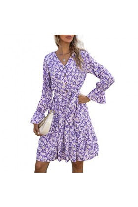 DAUZ Robe à Manches Longues, Robe décole Plissée à Manches Longues à Motif Floral. 4 