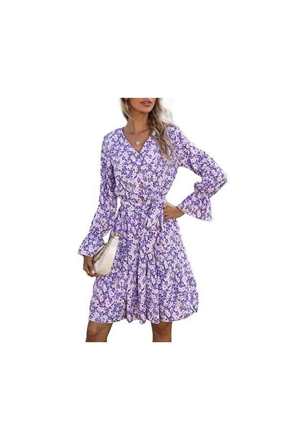 DAUZ Robe à Manches Longues, Robe décole Plissée à Manches Longues à Motif Floral. 4 