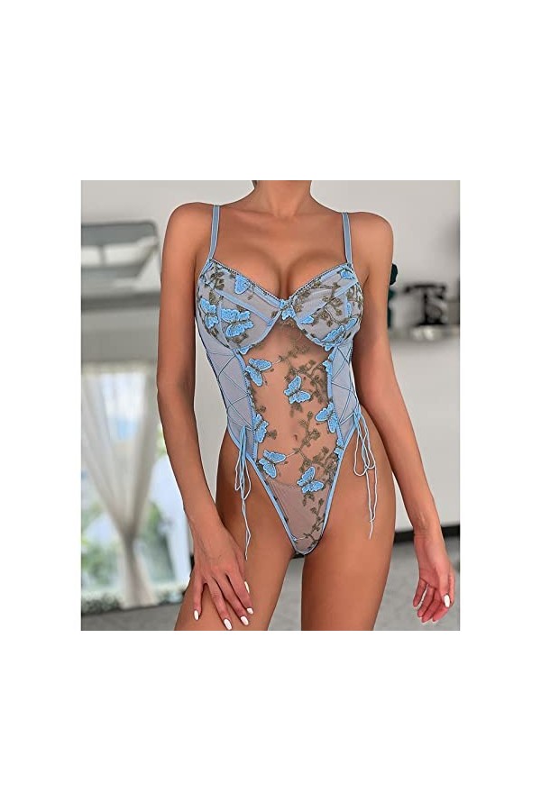 AYJMA Body Maille Patchwork Sexy Body Femmes Dos Nu Spaghetti Sangle Salopette Corps Femme,Bleu,XXL