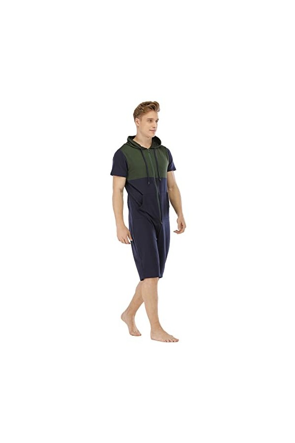 Combinaison courte pour homme - En coton - Avec capuche - Pour lété, b bleu, M