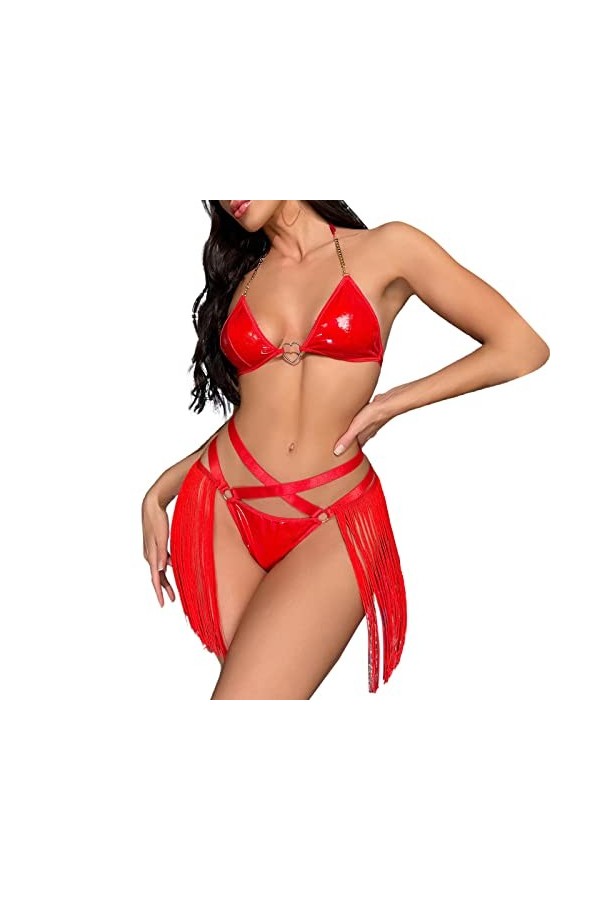 LDZYXY Femmes Sexy métal Boucle Cou Pendentif PU Cuir Flow Bord mi - Dos Fun Lingerie Pyjama Set Sexy Lingerie érotique Cuir 