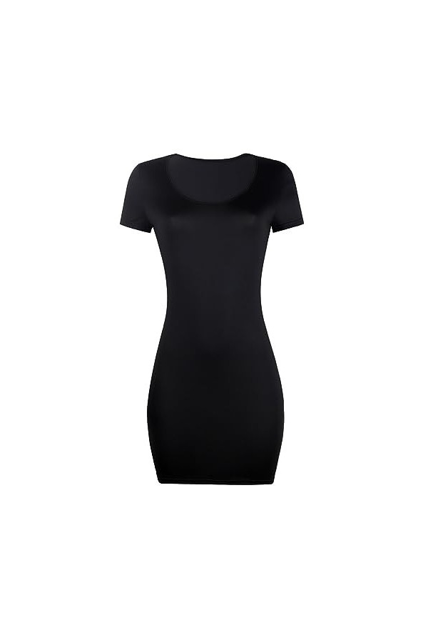 Mini robe courte sexy à fente pour femme - Col rond - Solide - Manches courtes, bleu, M