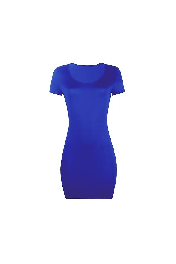Mini robe courte sexy à fente pour femme - Col rond - Solide - Manches courtes, bleu, M