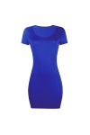 Mini robe courte sexy à fente pour femme - Col rond - Solide - Manches courtes, bleu, M