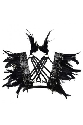 Lingerie punk sexy en plumes pour femme - Soutien-gorge croisé - Poitrine - Harnais - Bretelles - Ceinture - Épaulettes - Hom