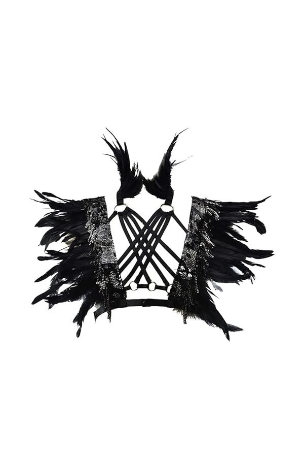 Lingerie punk sexy en plumes pour femme - Soutien-gorge croisé - Poitrine - Harnais - Bretelles - Ceinture - Épaulettes - Hom