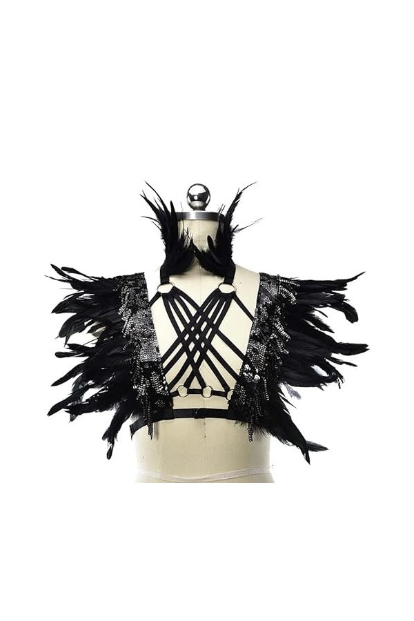 Lingerie punk sexy en plumes pour femme - Soutien-gorge croisé - Poitrine - Harnais - Bretelles - Ceinture - Épaulettes - Hom