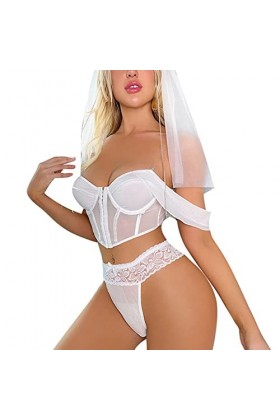 Ensemble de Lingerie pour Femme avec Bandeau épaules Dénudées Maille Acier Anneaux Corset Dentelle Taille Culotte S 