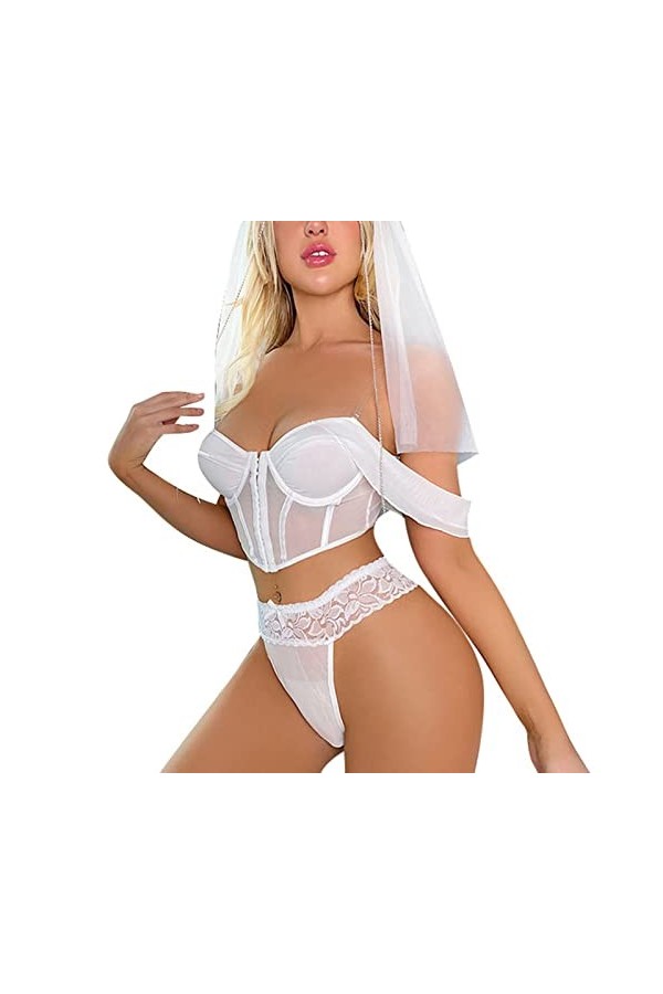 Ensemble de Lingerie pour Femme avec Bandeau épaules Dénudées Maille Acier Anneaux Corset Dentelle Taille Culotte S 