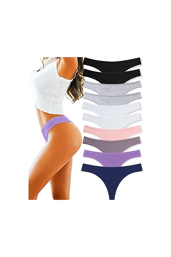 FINETOO String Coton Femme Tanga Sexy Chic Culotte Confortable Tanga Menstruelle Lingerie Erothique Lot de 10 S-XL