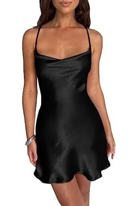 Yeooa Robe Sexy sans Manches pour Femme à Bretelles Spaghetti col Halter Courte et ajustée Dos Nu à Ligne A Robe Moulante de 