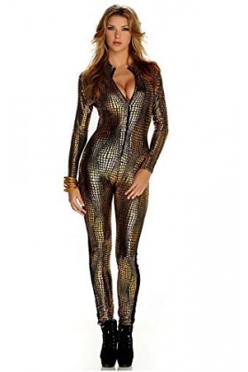 BROWOL - Costume de chat sexy pour femme - Motif peau de serpent - Rayures - Club DS - Couleur laquée - Tenue moulante - Comb