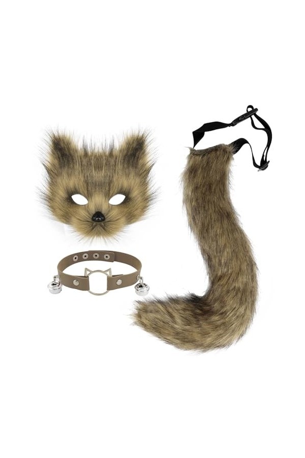 hbbhml Ensemble daccessoires pour enfants et adultes avec masque et queue de loup en fourrure de chat et de renard
