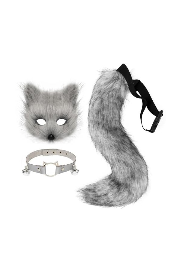 hbbhml Ensemble daccessoires pour enfants et adultes avec masque et queue de loup en fourrure de chat et de renard