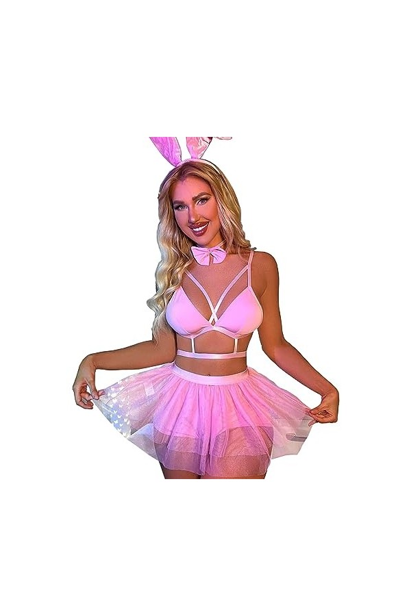 SNOMYRS Tenue sexy de lapin pour femme en maille pour cosplay - Haut court métallique rose - Costume de festival - Grande tai