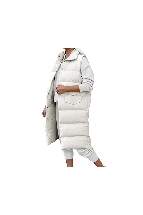Gefomuofe Gilet long matelassé pour femme - Veste matelassée dhiver - Veste de transition - Couleur unie - Fermeture éclair 