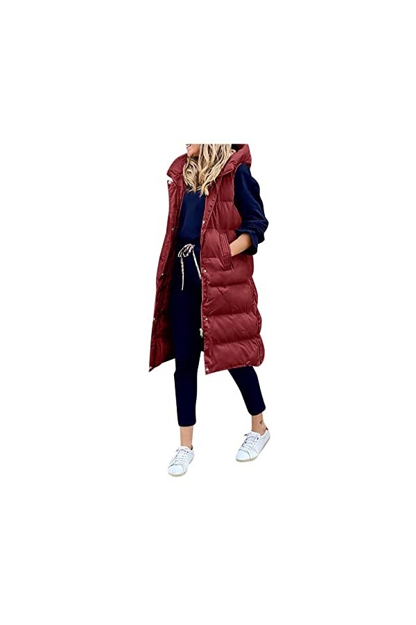 Gefomuofe Gilet long matelassé pour femme - Veste matelassée dhiver - Veste de transition - Couleur unie - Fermeture éclair 