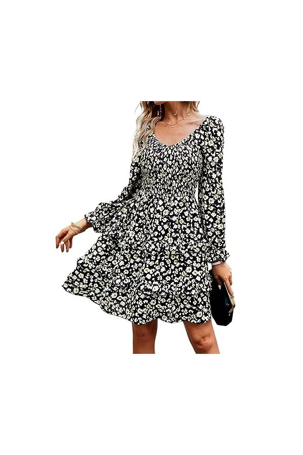 Fehploh été Floral Mini Robe pour Femmes 2023 à Manches Longues col en V décontracté Mini Robe Sexy soirée Robes