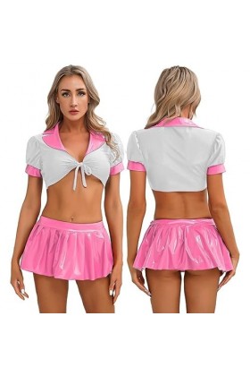 SHANHE Uniforme décolière pour Femmes Tenue de Jeu de Rôle à Lacets Crop Top en Cuir Verni Jupe Plissée Étudiante École Fill