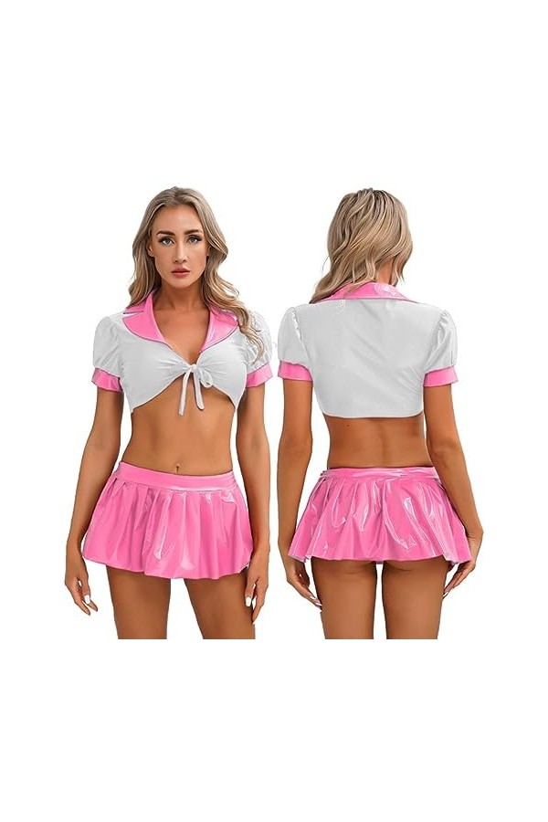 SHANHE Uniforme décolière pour Femmes Tenue de Jeu de Rôle à Lacets Crop Top en Cuir Verni Jupe Plissée Étudiante École Fill