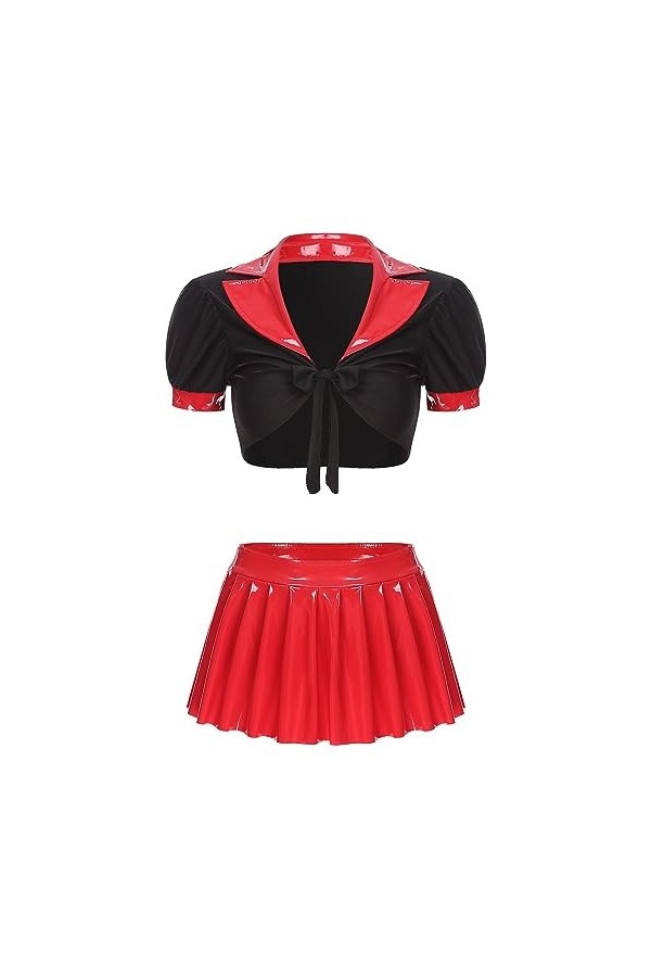 SHANHE Uniforme décolière pour Femmes Tenue de Jeu de Rôle à Lacets Crop Top en Cuir Verni Jupe Plissée Étudiante École Fill