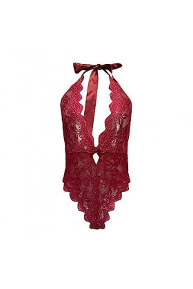 Plus Grande tailleLingerie Femme Sexy ajourée Erotique Pure Dentelle Une pièce en Maille, Bordeaux, XXL