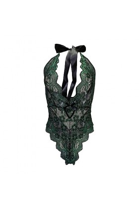 La grilleLingerie Sexy ajourée pour Femmes en Dentelle érotique Transparente en Maille Une pièce, Vert foncé, XL