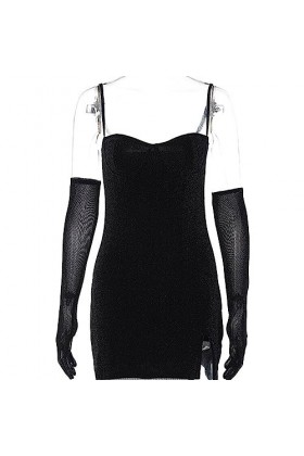 Noir Scintillant Jupon Dos Nu Gants Fente Sexy Mince Mini Robe de Bal Automne Femmes élégant Costumes fête danniversaire