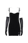 Noir Scintillant Jupon Dos Nu Gants Fente Sexy Mince Mini Robe de Bal Automne Femmes élégant Costumes fête danniversaire