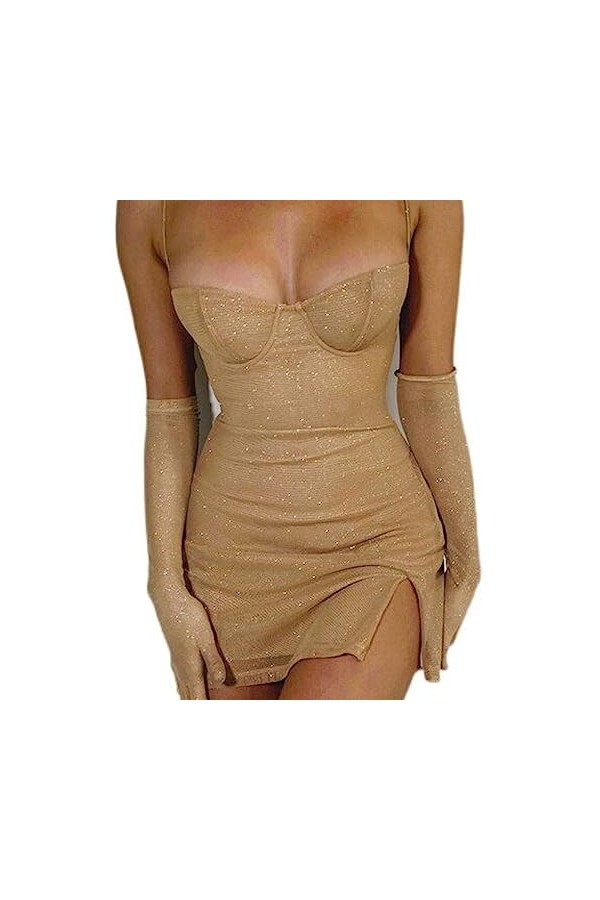 Noir Scintillant Jupon Dos Nu Gants Fente Sexy Mince Mini Robe de Bal Automne Femmes élégant Costumes fête danniversaire