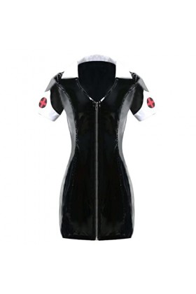 CABULE Mini robe sexy pour infirmière en vinyle PVC effet mouillé avec fermeture éclair Style gothique punk Patchwork Noir M