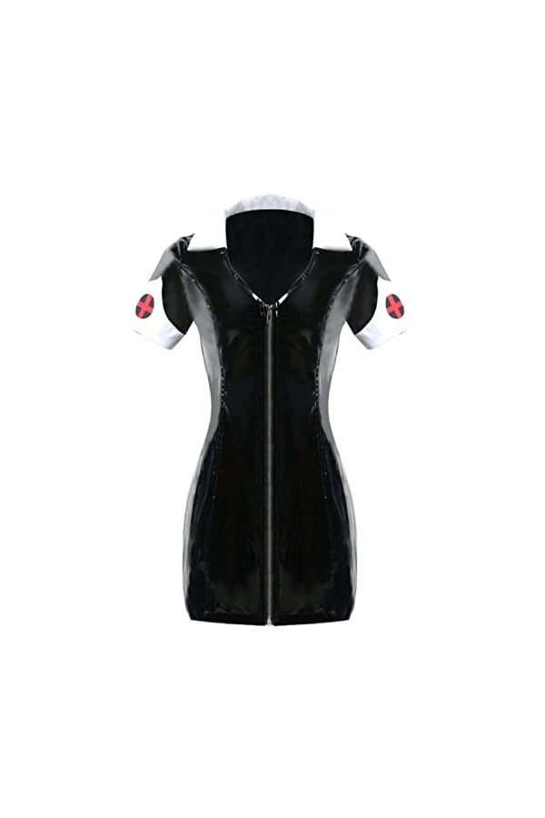 CABULE Mini robe sexy pour infirmière en vinyle PVC effet mouillé avec fermeture éclair Style gothique punk Patchwork Noir M