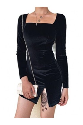 WEITING Robe sexy en velours pour femme - Manches longues - Robe fine - Noir chaud - Moulante - Mini Vestidos-Noir, S