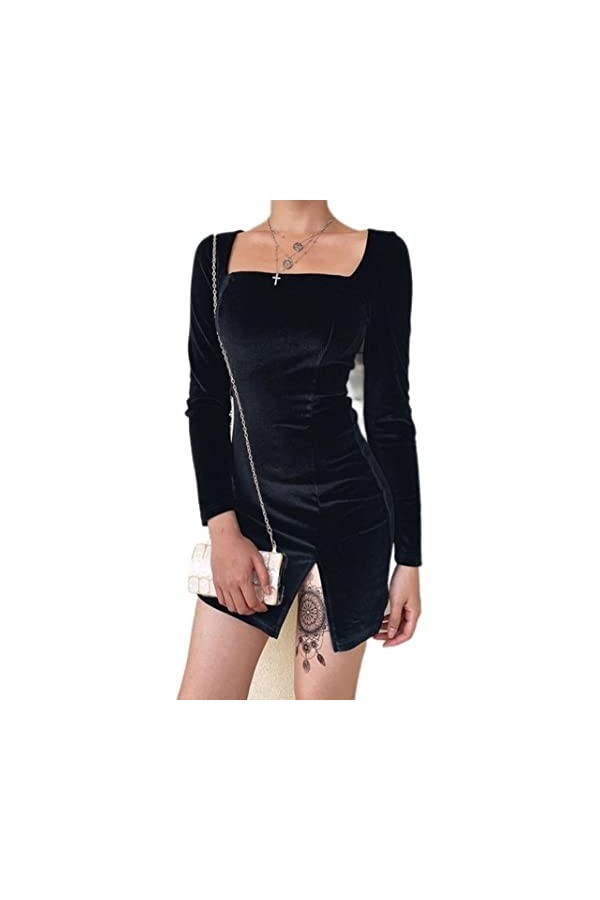 WEITING Robe sexy en velours pour femme - Manches longues - Robe fine - Noir chaud - Moulante - Mini Vestidos-Noir, S