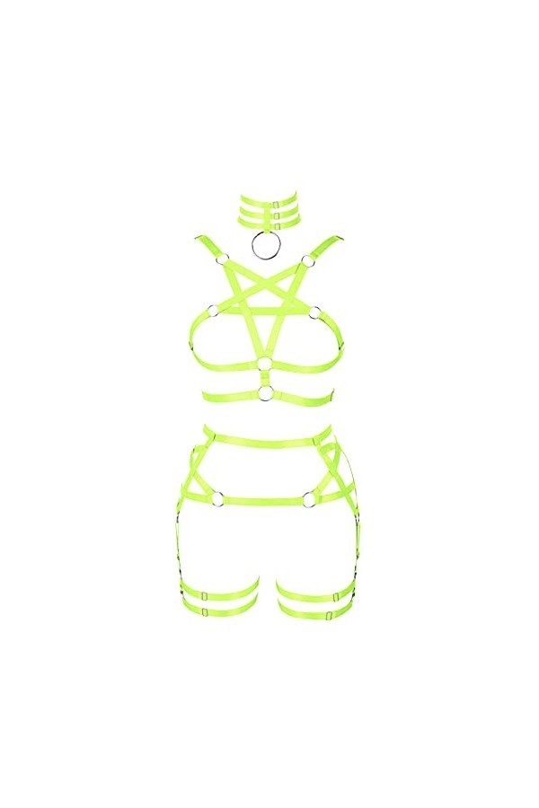 Ensemble harnais de corps pour femme avec soutien-gorge pentagramme porte-jarretelles punk gothique carnaval Halloween élasti