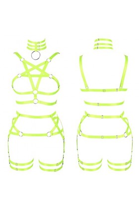 Ensemble harnais de corps pour femme avec soutien-gorge pentagramme porte-jarretelles punk gothique carnaval Halloween élasti