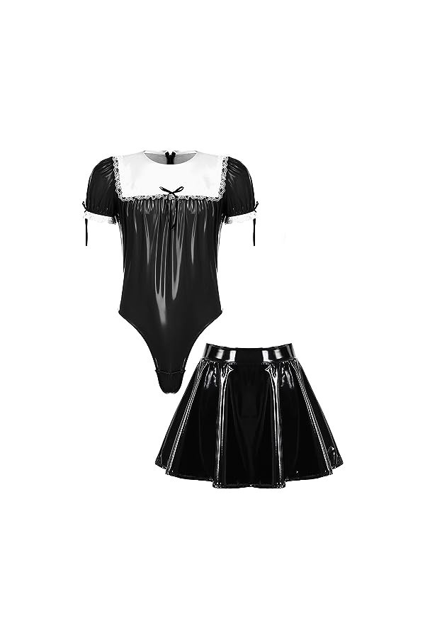 Jowowha Homme Déguisement Servante Érotique Wetlook Body Dentelle Costume Soubrette Robe de Nuit Pyjamas Plaisir Halloween Ca