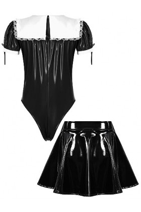 JanJean Sissy Body String Déguisement Soubrette Homme Bodysuit en Faux Cuir Brillant Combinaison Jeux De Rôle Manches Longues