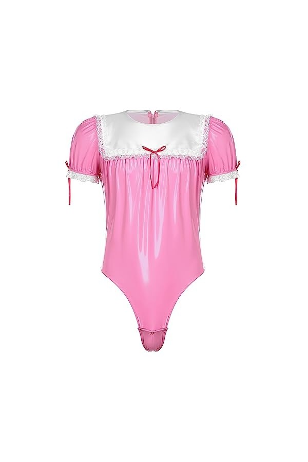 iiniim Déguisement Soubrette Homme Bodystring En Similicuir Wetlook Sissy Uniforme Servante Catsuit Bodysuit Costume Soirée H