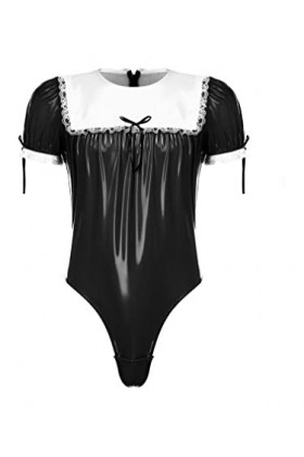 JEATHA Vêtements Déguisement Soubrette Homme Sissy Bodysuit Cuir Verni Uniforme Serveur Boy Valet Adulte Cosplay Sissy Combin