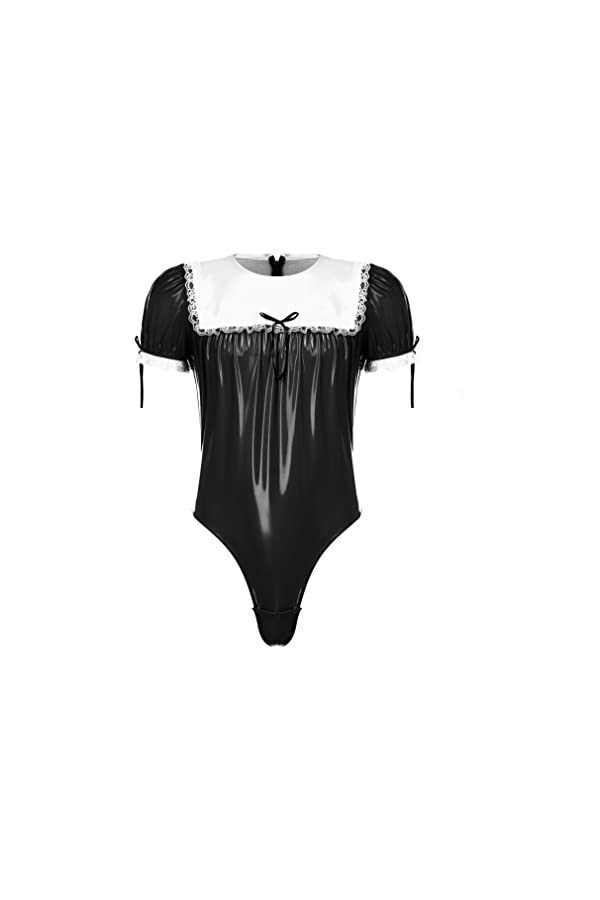 JEATHA Vêtements Déguisement Soubrette Homme Sissy Bodysuit Cuir Verni Uniforme Serveur Boy Valet Adulte Cosplay Sissy Combin