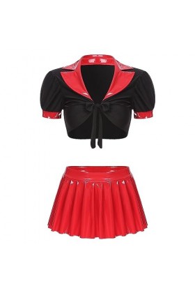 SHANHE Uniforme décolière pour Femmes Tenue de Jeu de Rôle à Lacets Crop Top en Cuir Verni Jupe Plissée Étudiante École Fill