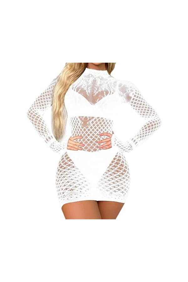 WEITING Robe sexy en résille pour femme - Lingerie sexy en maille filet - Sous-vêtements pour femme - Robe de corps - Mini ro