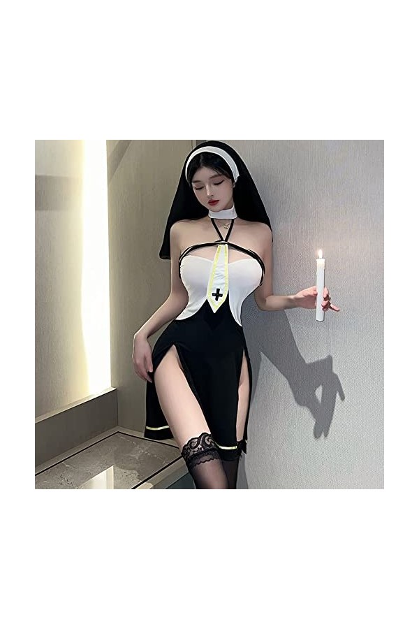 SINMIUANIME Lingerie uniforme pour femme avec col croisé et pompon noir et blanc 2723 noir et blanc 