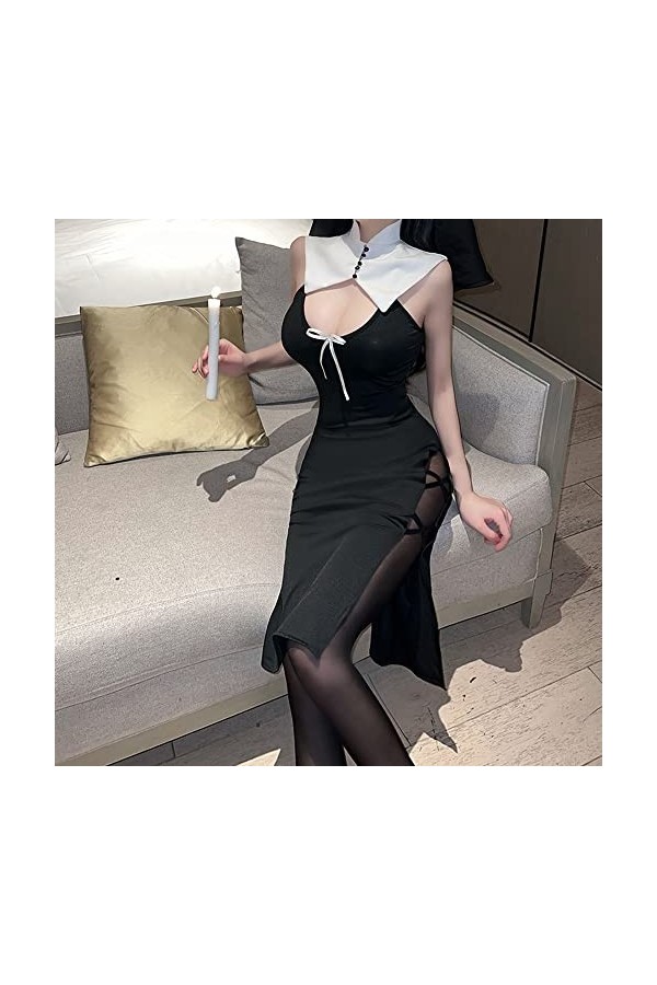 SINMIUANIME Lingerie uniforme pour femme avec col croisé et pompon noir et blanc 2718 noir et blanc 