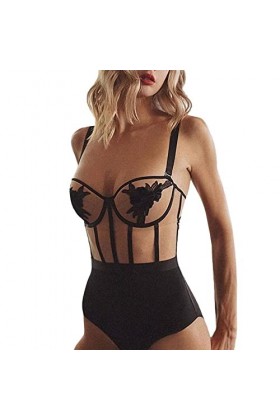 AYJMA Costume Sexy Femme Motif Fleur Transparent Dos Nu sans Manches Sling Body pour Nuits,Noir,S